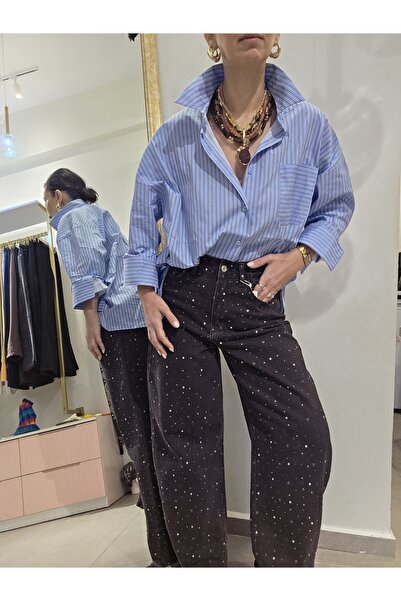 Butik Kadın, Yüksek Bel, Taş İşlemeli, Taşlı, Kesik Paça, Barrel-Balon Kahver...