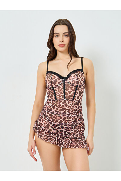 Styli Animal Print Corset Underwired Ruffle Slip and Brief