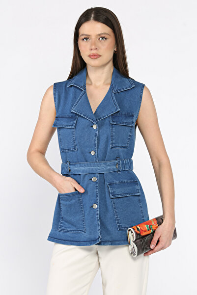 azragül giyim Bel Kemerli Kadın Likralı Jean Kot Yelek