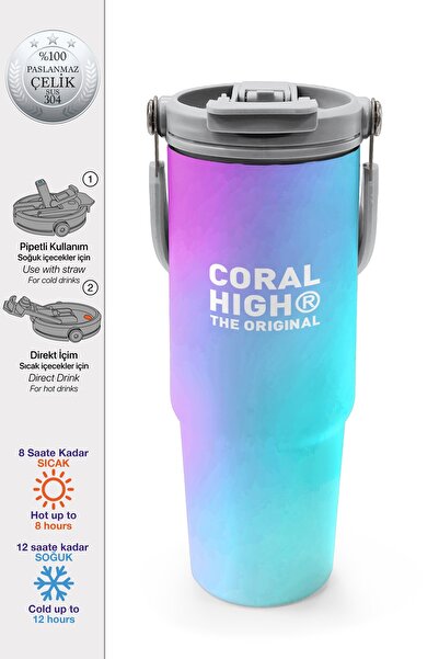 Coral High Multi-Colored Patterned Steel Thermos with Straw and Direct Drinki...