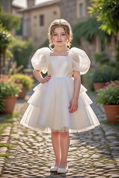 Riccotarz Kız Çocuk Kare Yaka Üzeri Kat Kat Pliseli Balon Kollu Kabarık Beyaz...