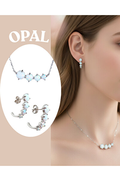 LUNA LUSTER 925 Ayar Gümüş Beyaz Opal Doğal Taşlı Kolye Küpe Kadın Set Sevgil...
