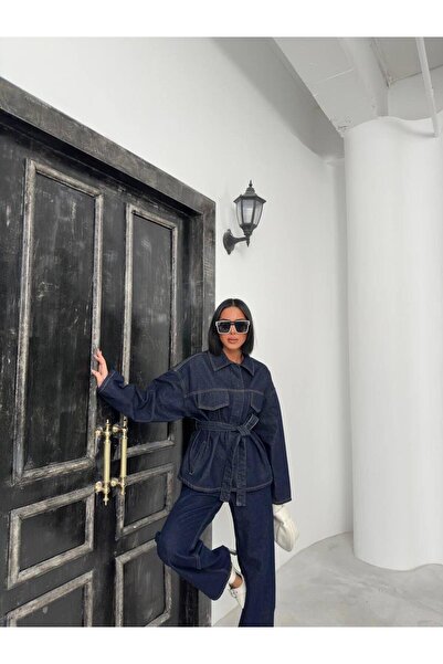 1434 Polo State Set din denim albastru închis, jachetă supradimensionată și p...