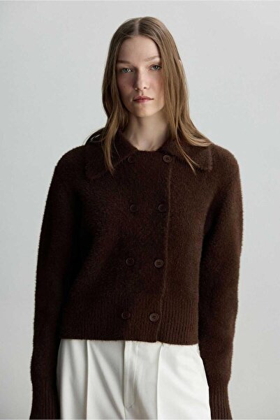 BE BLUE Brown Double-Breasted Short Cardigan