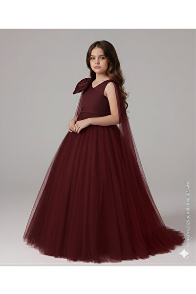 Star Kids Girl's One Shoulder Bow Detail Burgundy Princess Dress, Girl's Grad...