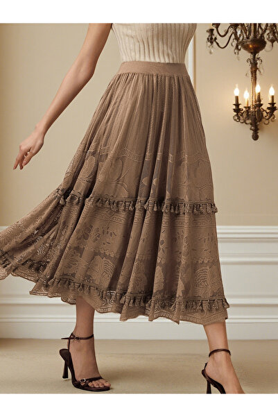 Take Two By Styli تنورة ميدي دانتيل بنية اللون للنساء بتصميم A-Line