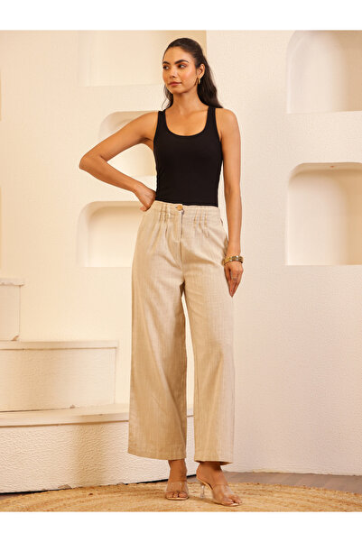 Sanskrutihomes By Styli Women Beige Linen Wide Leg Trousers