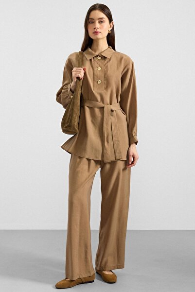 Olcay Pantaloni tunică din țesătură moale cu nasturi metalici Set dublu KAMEL...