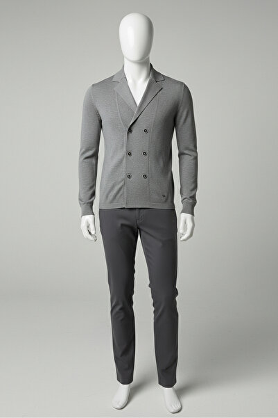 ELEVLİ Erkek Triko Kruvaze Ceket Yaka İnce Hırka GRİ