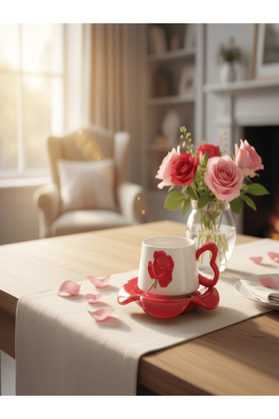 AKDC Ceramic Cup and Saucer Set – Red with White Flower Pattern, 350 ml Coffe...