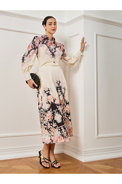 Styli Women White Floral Print Midi Skirt