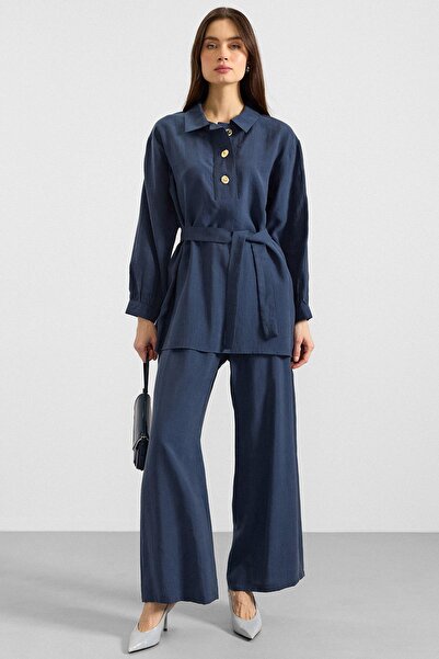 Olcay Pantaloni tunică din țesătură moale cu nasturi metalici Set dublu INDIG...