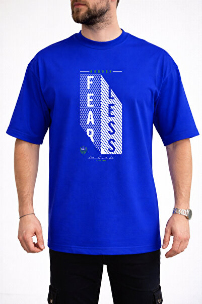 caddekombin Men's Fearless Text Printed Honeycomb Textured Crew Neck Saks Blu...