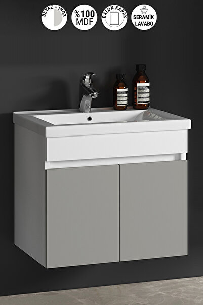 ÖZCEDEN Çiğdem 80 cm Beyaz-İnox Balon MDF Seramik Lavabolu Asma Banyo Alt Dolabı