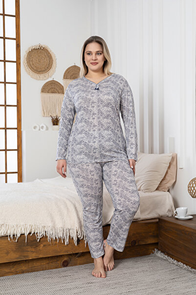 MİSSLALE Σετ γυναικεία μακρυμάνικη πιτζάμες με σχέδια από βισκόν σε μεγάλο μέ...