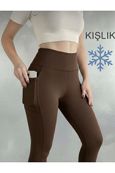 glanour Γυναικείο καφέ χειμερινό κολάν με ψηλή μέση και τσέπες