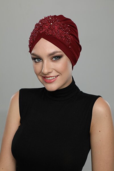 elysianfidan Ripped Lined Embroidered Claret Red Lace Motif Ready-made Hijab ...