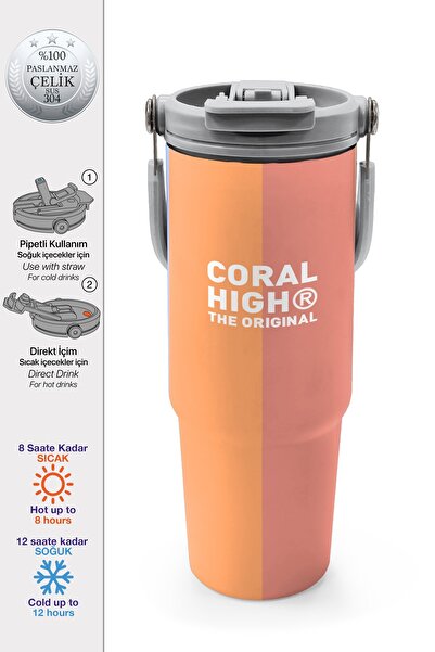 Coral High Colorful Striped Patterned Steel Thermos with Straw and Direct Dri...