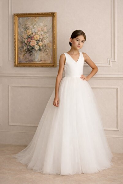 SUNEH Rochie de seară lungă pentru fete, model Akasya, ecru, cu decolteu în V...