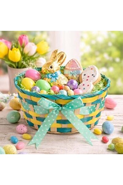 OEM Bamboo Easter Basket with Multicolored Weaving & Mint Green Bow Ø22 x 9 cm