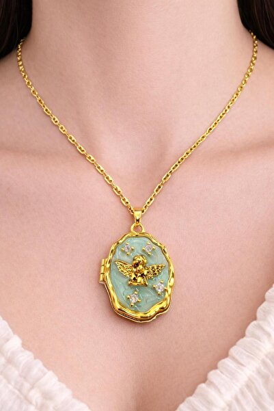 NO NAME gold kaplama açılır turkuaz melek figürlü madalyon kolye