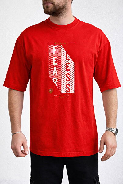 caddekombin Men's Fearless Text Printed Honeycomb Textured Crew Neck Red T-Shirt