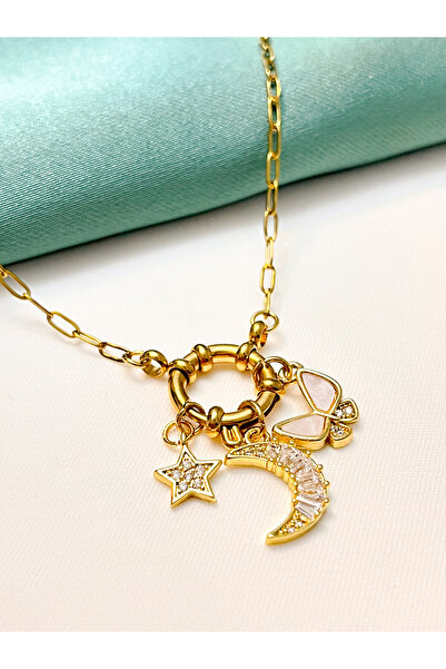 Berilya Aksesuar New Beginning & Luck Crescent Star Butterfly Charm Necklace