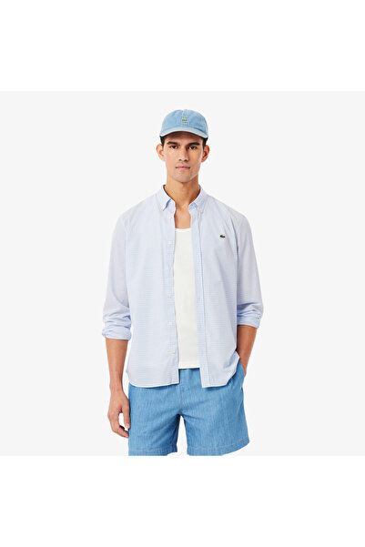 Lacoste Erkek Regular Fit Düğmeli Yaka Ekose Açık Mavi Gömlek