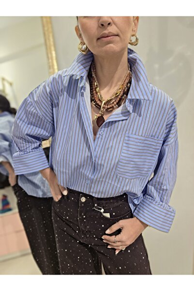 Butik Kadın, Tek Cepli, Bol Kalıp, Kahverengi Çizgili Mavi Gömlek