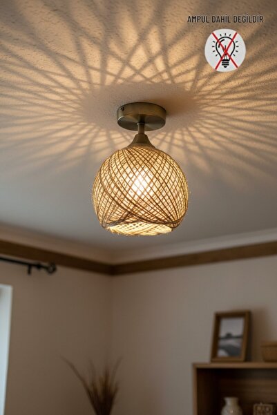 Bamyum Bohem Recycle İplik Jüt El Yapımı Bej Piramit Plafonyer Başlık Tekli M...