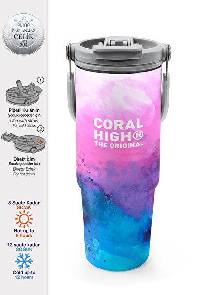 Coral High Pink Blue Patterned Steel Thermos with Straw and Direct Drinking F...