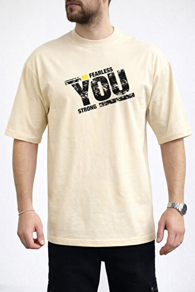 caddekombin Men's Fearless and Strong Design Vintage Print Crew Neck Beige T-...