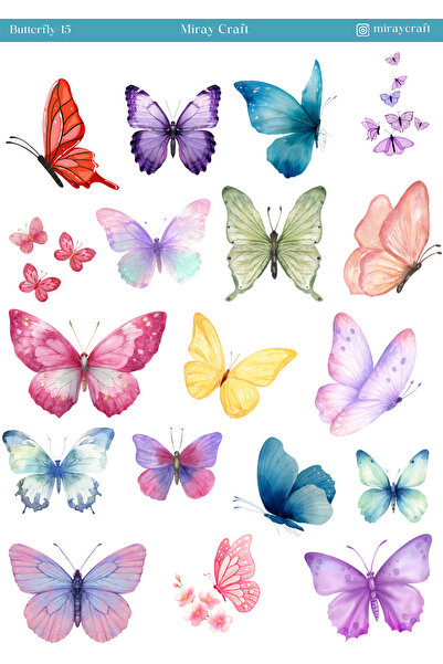 MirayDesign 1 Sayfa Kelebek Temalı Sticker – 12x17 cm Scrapbook, Bullet Journ...