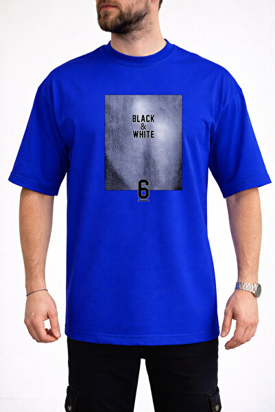caddekombin Men's Black & White Text Printed Crew Neck Saks Blue T-Shirt