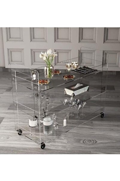 Slasa عربة تقديم بوفيه شفافة من الأكريليك بثلاثة أرفف، 90×70×40 سم - عربة متحركة