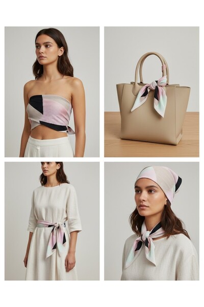 Venom Boutique Bijouterie Accessory Kadın Geometrik Desenli Pileli Kare Eşarp...