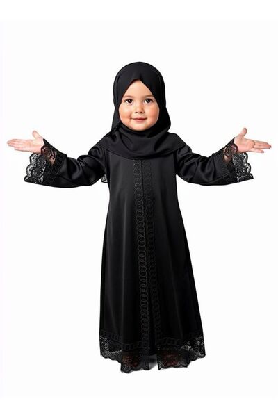 Generic عباية سوداء أنيقة للبنات (5 سنوات) مع حجاب وحزام - مناسبة لرمضان والعيد
