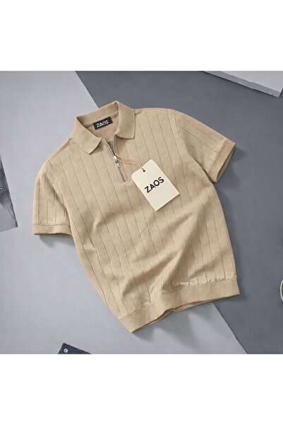 zs zaos fashion Men's Poloyaka Zippered Textured Knitwear T-Shirt Cotton Qual...