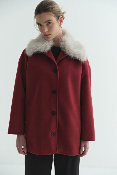 Merve Gültekin Fur Collar Cashmere Claret Red