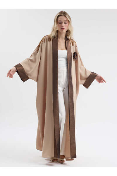 Store Wf Beige and Bronze Color Stripe Pearl Detailed Abaya