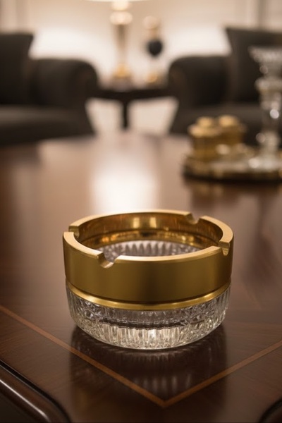 Paşabahçe Matte Gold Gilded Crystal Decorated 13506 3 Grooved Ashtray; Diamet...