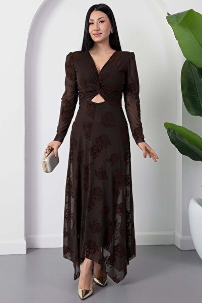 PULLIMM Double-Breasted Collar, Knotted Waist, Long Sleeve Flock Dress Grs3875