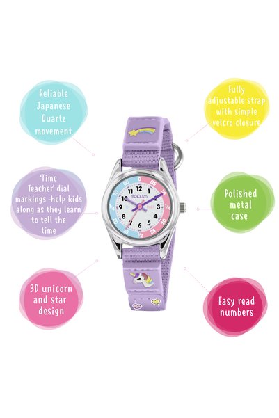 Tikkers Girls Purple Fabric Rip Strap Unicorn Watch