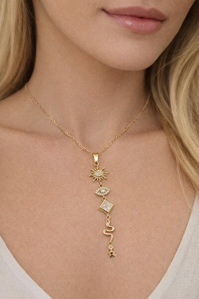 REBORN DESIGN 316L Steel Gold Color Sun and Energy Model Y Necklace