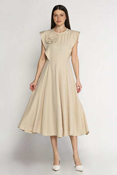 azragül giyim Rose Detailed Sleeveless Flared Midi Dress
