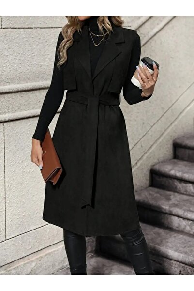 Giyimodam Women's Sleeveless Collared Open Front Belted Waist Suede Midi Vest