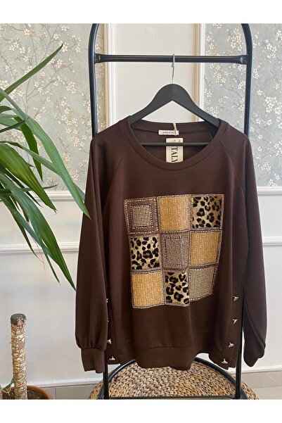 Kare Leopar Desen Taşlı Sweatshirt-Kahverengi