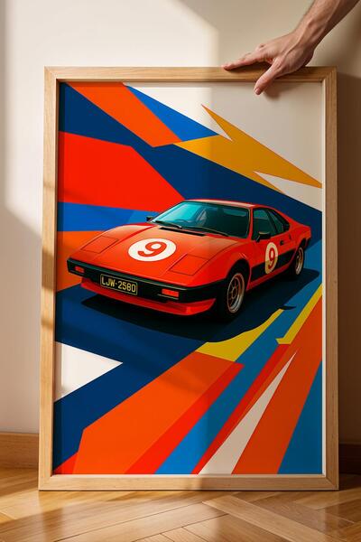 Saturn BMW M1 състезателна кола в рамка Носталгичен плакат за кола Аксесоар з...