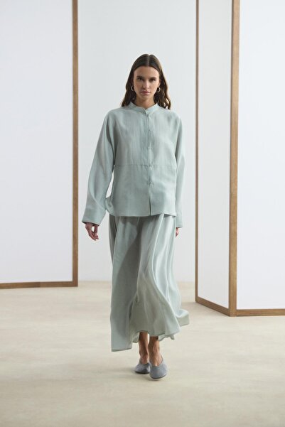 KADRİYE BAŞTÜRK Hakim Collar Tencel Shirt Skirt Set Light Gray