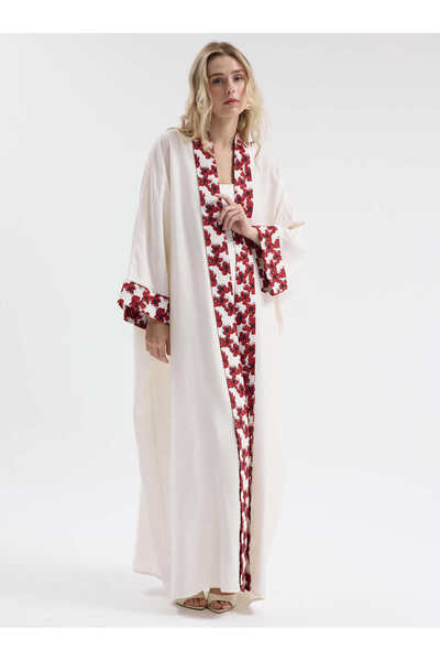 Store Wf Plain White and Red Floral Patterned Abaya